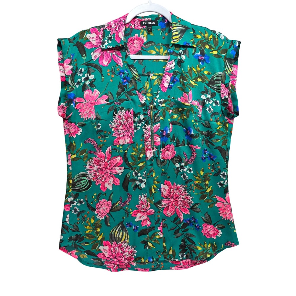 Express Tropical Floral Blouse Sz S Top Pockets Zipper Silky Bright Colorful